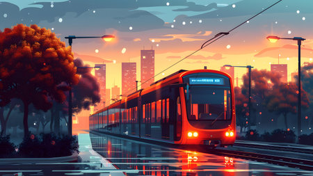 Train on the background of the modern city at sunset. Vector illustration