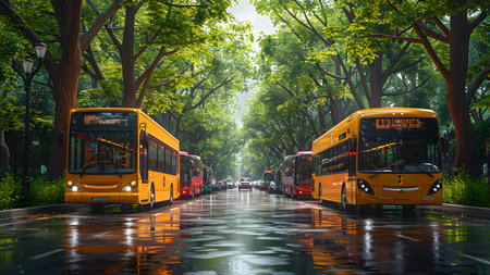 Buses on the road in the city park in the evening.の写真素材