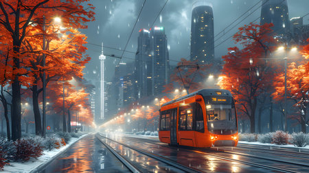 Tram in the foggy city. 3D Rendering.の写真素材