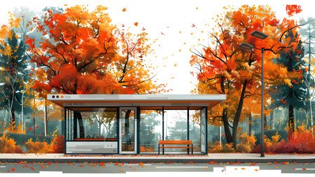 Autumn landscape with bus stop in the park. Vector illustration.の写真素材