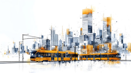 Modern cityscape with skyscrapers and yellow trams. Mixed mediaの写真素材
