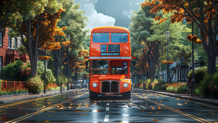 Red double decker bus on the street. 3d illustration.