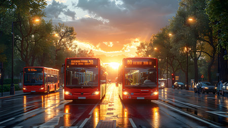 Buses on the street at sunset in the city. 3d renderingの写真素材