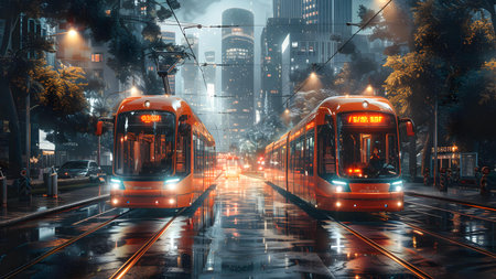 Tram at night in Shanghai, China. 3D rendering.の写真素材