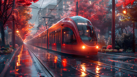 Red modern high-speed train in the city at night. 3D renderingの写真素材