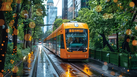Modern orange tram in the city at rainy dayの写真素材