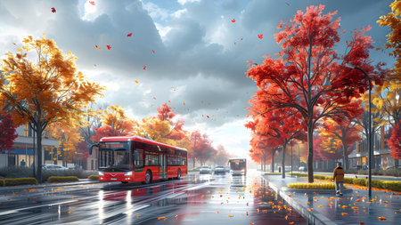 Autumn cityscape with red bus on the road. Autumn season concept.の写真素材
