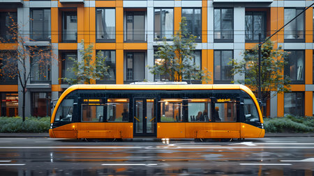 Modern city bus on the background of a modern building.の写真素材
