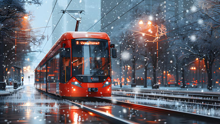 Modern red tram on the city street at night under snowfall.の写真素材