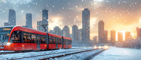 Red train on the background of the modern city. Snowfall.