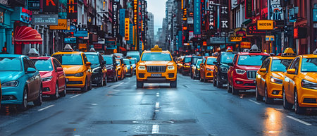 Yellow taxis in Times Square in New York City.の写真素材