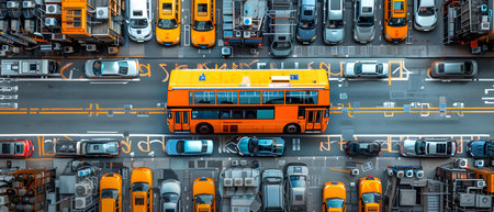 Aerial view of the bus in the city. 3d renderingの写真素材