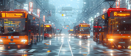 Highway through the city with double decker trams. 3D rendering