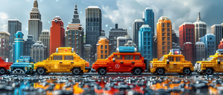 Toy yellow school bus on the background of the city. 3d rendering