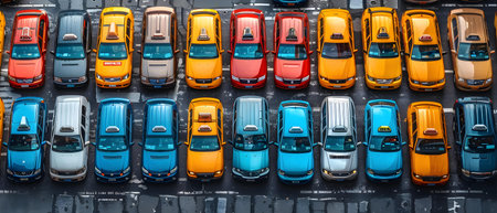 Aerial view of a large parking lot with yellow and blue carsの写真素材