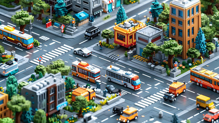 Isometric city with cars, roads and buildings. 3d rendering