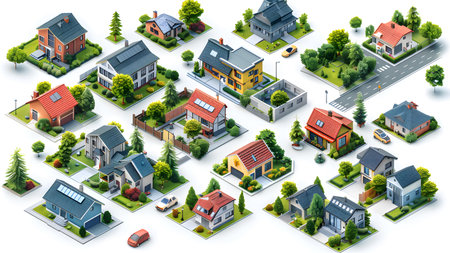 Set of isometric houses with roads and trees. Vector illustration.の写真素材