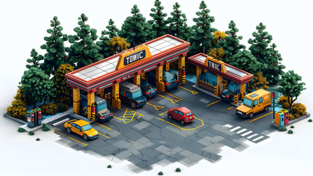 isometric gas station and cars on the road, 3d renderingの写真素材