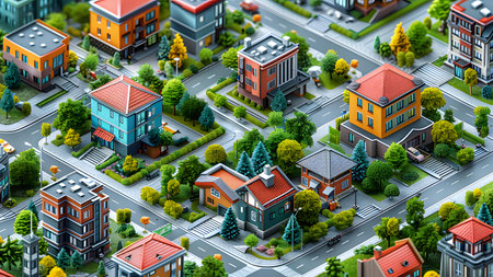 3d illustration of the city isometric view. Houses, trees and roads.の写真素材