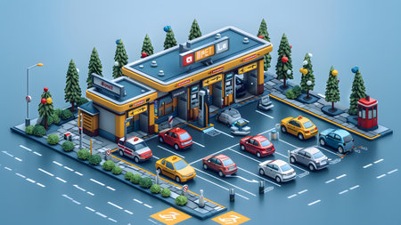 Isometric supermarket building with cars and people on the road, 3d illustrationの写真素材