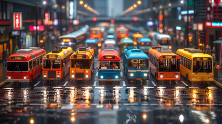 Tram in the city at night, Tokyo, Japan. 3d rendering.