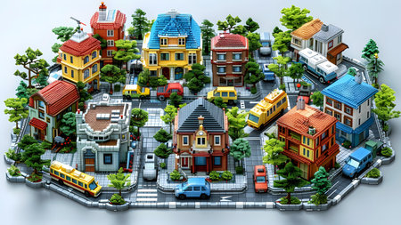 3d illustration of a city with houses, roads and trees.