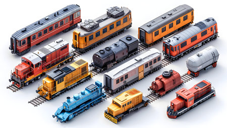 3d illustration of locomotives and trains on a white backgroundの写真素材