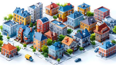 3d isometric city with houses, roads, houses and treesの写真素材