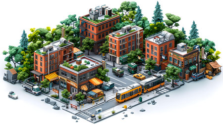 3d isometric illustration of a city street with buildings and roadsの写真素材