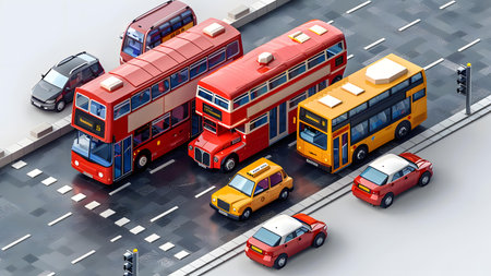 Red and yellow buses on the street. 3d illustration. 3d rendering.の写真素材