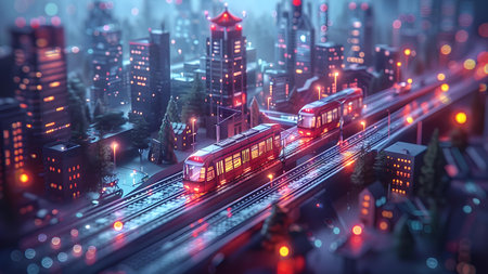 Train tracks in the city at night. 3d rendering toned image double exposureの写真素材