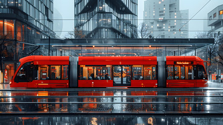 Modern red tram in the city. 3d rendering. double exposureの写真素材