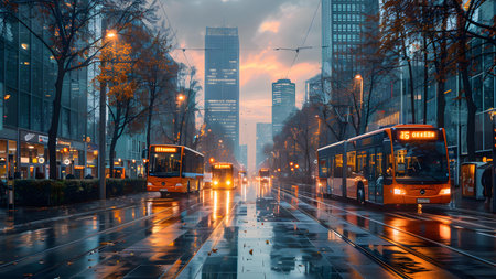 Tram traffic on a rainy day in the city.の写真素材