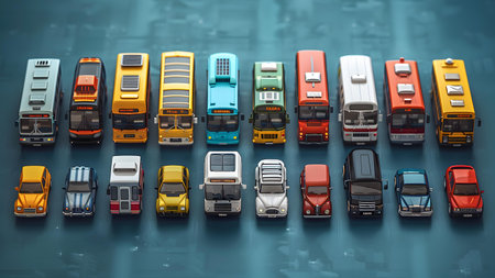 Top view of different types of vehicles on blue background 3D renderingの写真素材