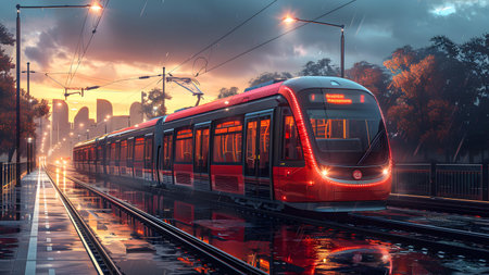 Red train on the city street at sunset. 3D rendering.