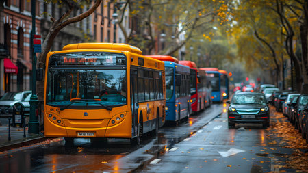 Bus traffic on a rainy day.の写真素材