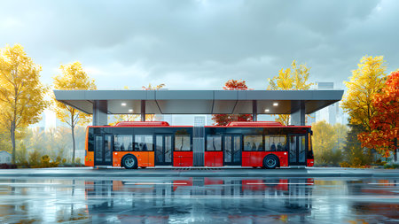 Red bus on the background of the autumn landscape. 3d renderingの写真素材