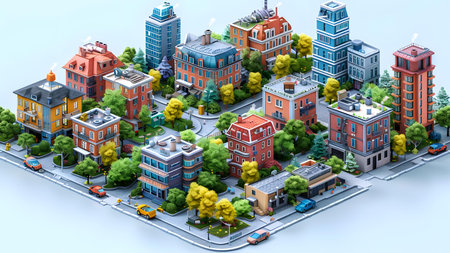isometric city, urban landscape with buildings and roads, 3d renderの写真素材