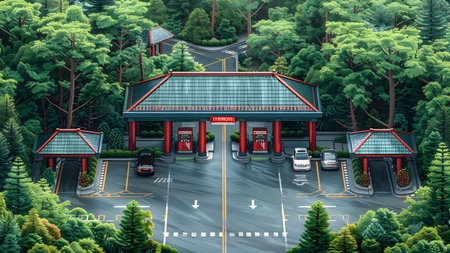 Gas station in the forest. 3d rendering. Computer digital drawing.の写真素材