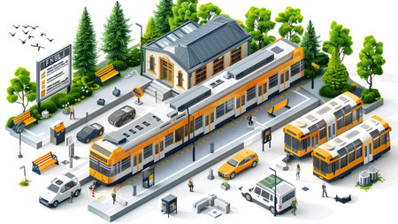 Subway station isometric composition with tram and bus on the road vector illustrationの写真素材