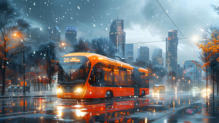 Orange bus in the city at night. 3D illustration. Cityscape.の写真素材