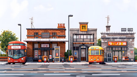 City street with modern buildings, buses and stores. Vector illustration.の写真素材