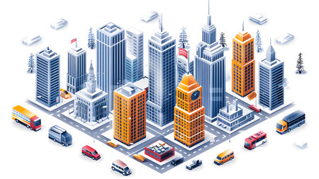 Isometric city with skyscrapers, buildings and cars. Vector illustration.の写真素材
