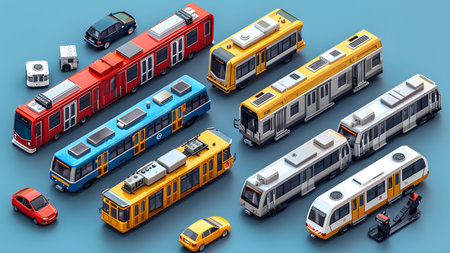 3d isometric illustration of public transport. Set of cars, buses and trains on blue backgroundの写真素材