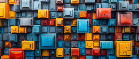 3d rendering of abstract geometric background with squares in blue, yellow and red colors