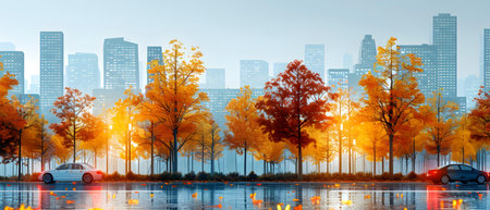 Autumn cityscape with yellow trees and reflection on water surface.の写真素材