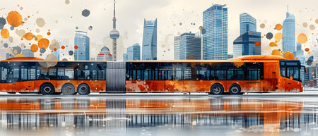 Double exposure of modern city with orange bus. Travel and transport conceptの写真素材
