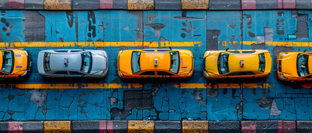 Top view of a row of yellow and blue cars parked in a row on a wall.の写真素材