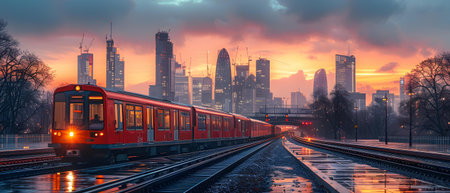 Modern red train on the railway at sunset
