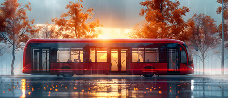 Red bus in the misty forest. 3d render illustration.の写真素材
